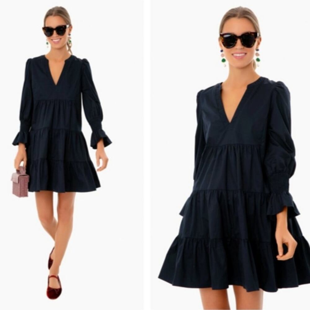 🚨NEW POMANDER PLACE Tuckernuck Black Crepe Kenzo Tiered Mini Dress Sz Small - Picture 13 of 16